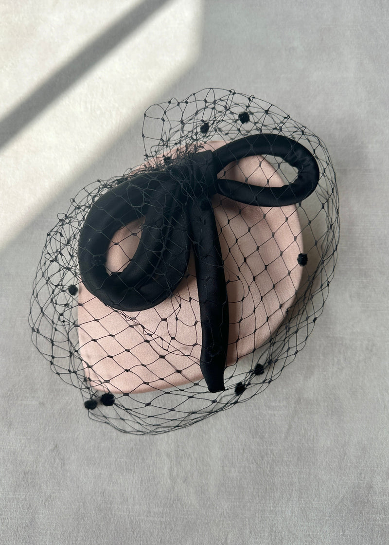 Persephone Hat in Satin with Spotted Veiling and Bow in Dusky Blush