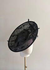 Black Disc Hat with Buntal and Feather detail
