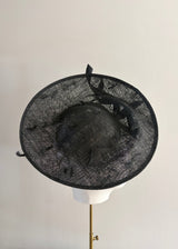 Black Disc Hat with Buntal and Feather detail