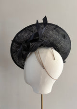Black Disc Hat with Buntal and Feather detail
