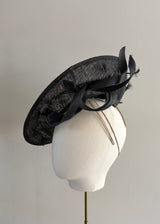 Black Disc Hat with Buntal and Feather detail