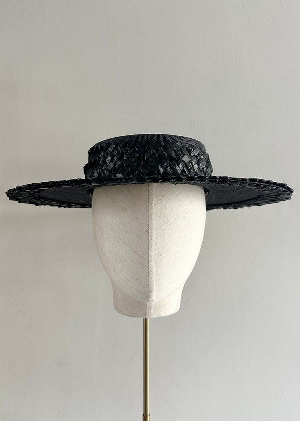 Nete Boater in Sinamay with Plaid Straw in Black