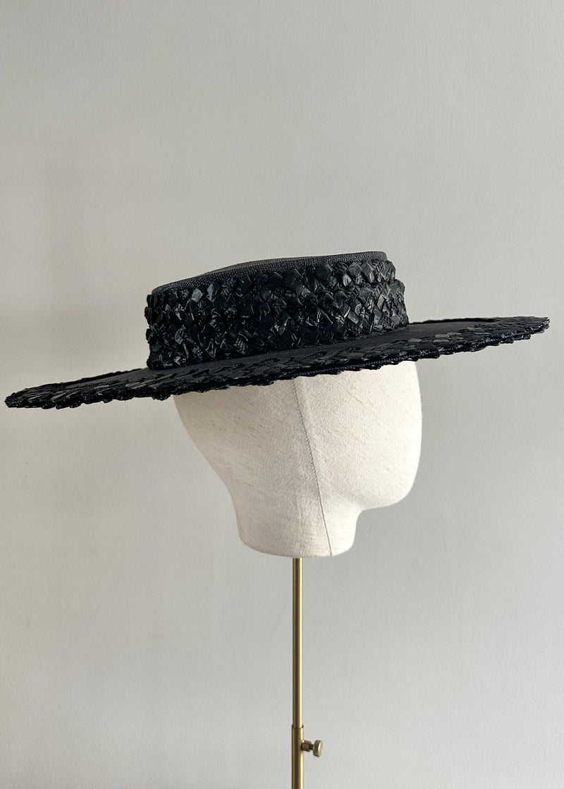 Nete Boater in Sinamay with Plaid Straw in Black