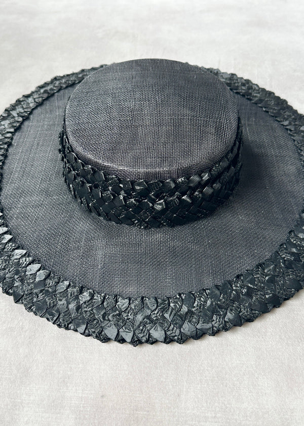 Nete Boater in Sinamay with Plaid Straw in Black