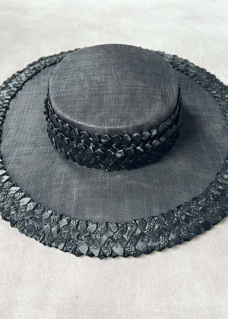 Nete Boater in Sinamay with Plaid Straw in Black