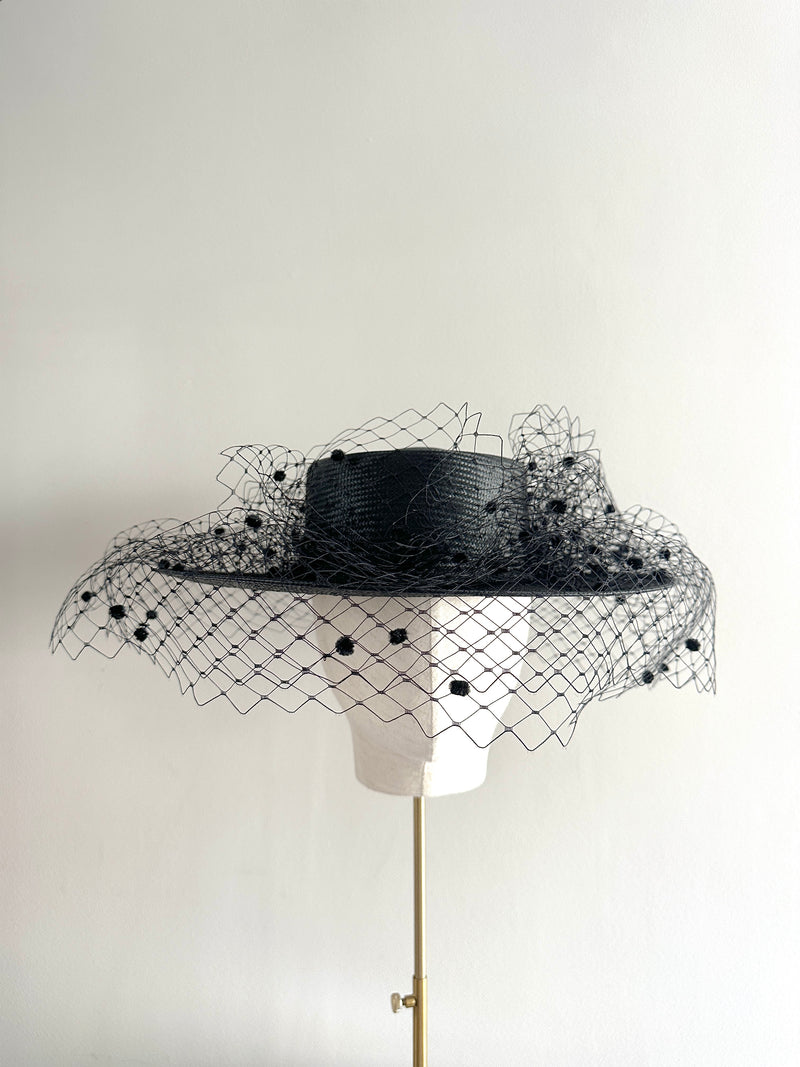 Nixi Boater in Fine Straw with Spotted Veil