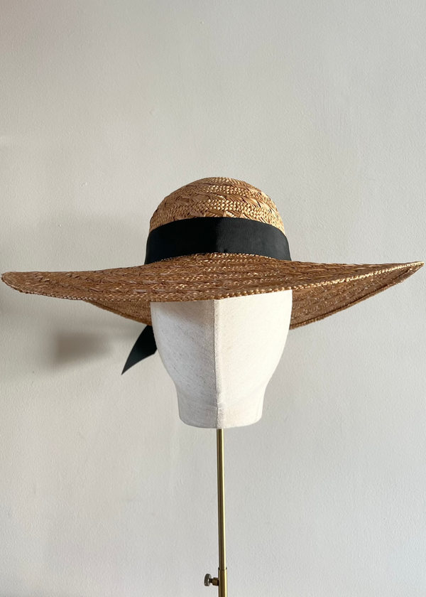Sun Hat in Straw with Black Ribbon
