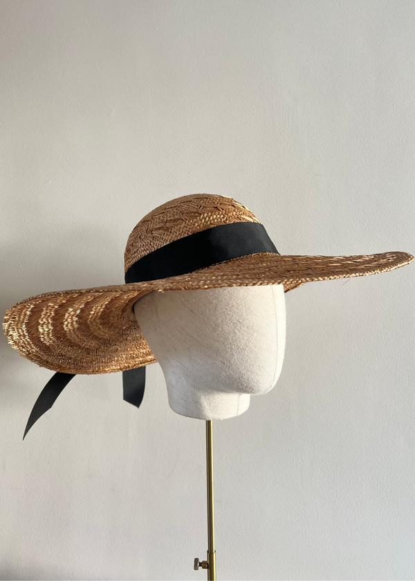 Sun Hat in Straw with Black Ribbon