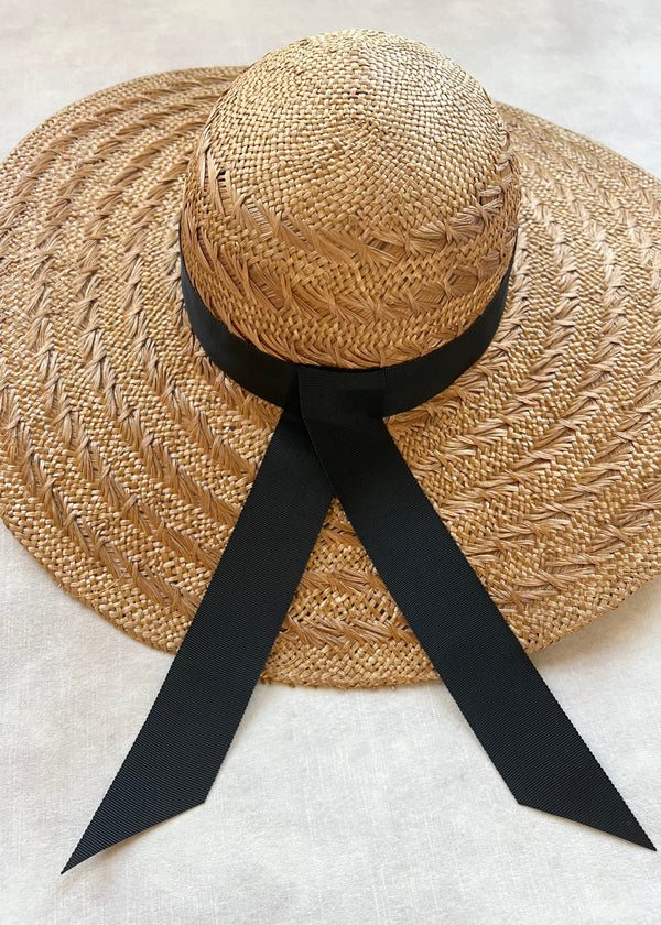 Luxury Sun Hat in Straw with Black Ribbon in Brandy