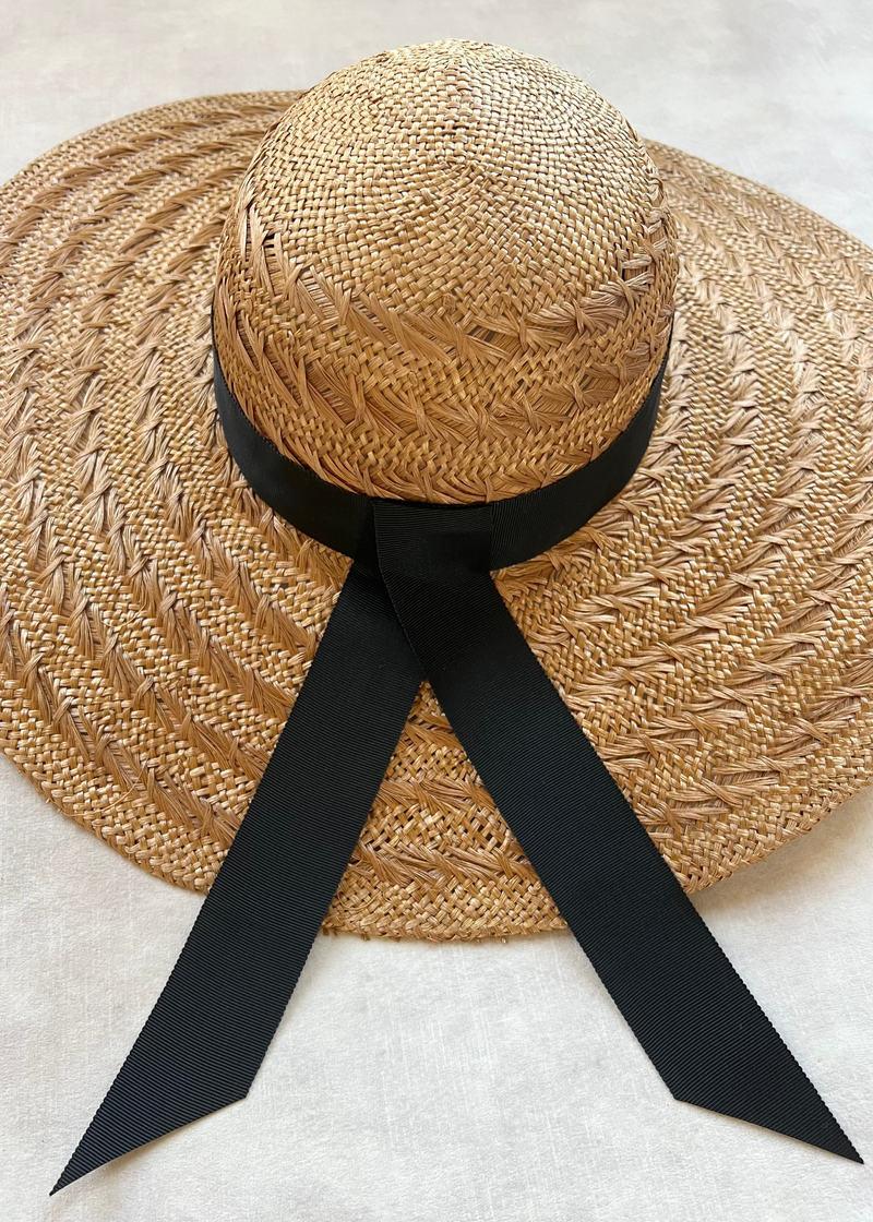 Sun Hat in Straw with Black Ribbon
