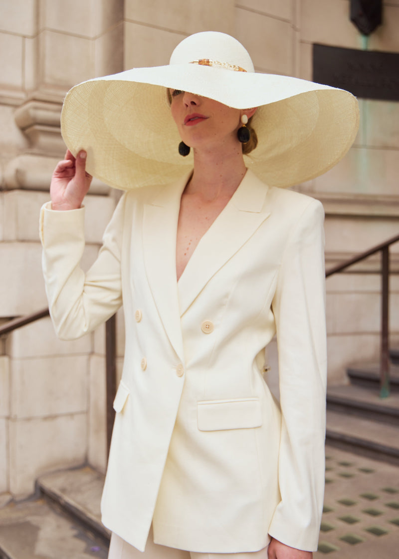 Oversized Luxury Panama Straw Sun Hat with Suede Rope in Ivory