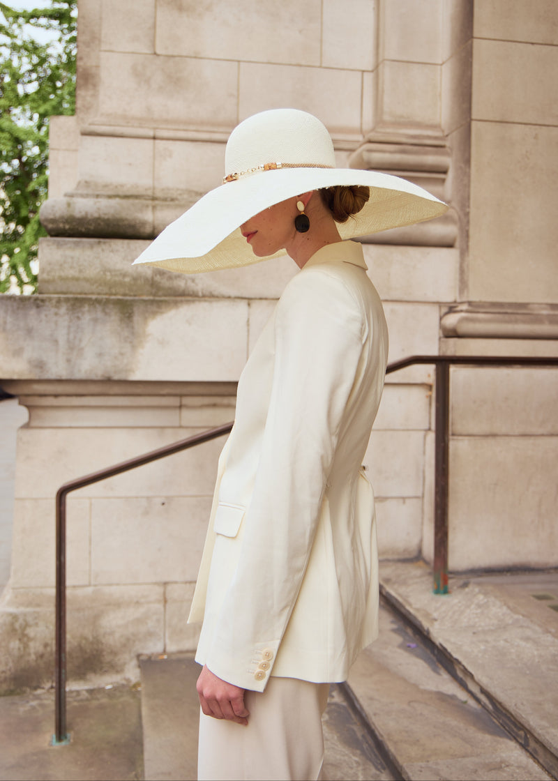 Oversized Luxury Panama Straw Sun Hat with Suede Rope in Ivory