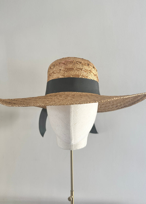 Luxury Sun Hat in Straw with Black Ribbon in Brandy