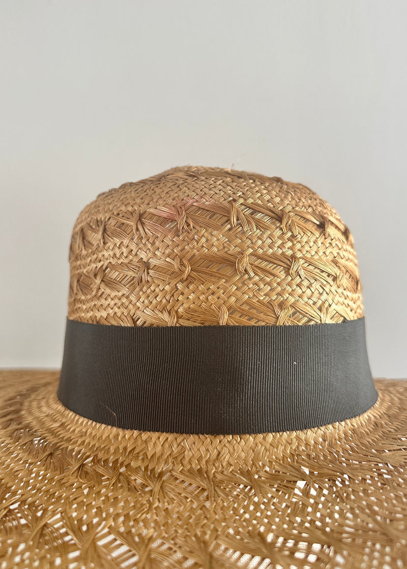 Luxury Sun Hat in Straw with Black Ribbon in Brandy