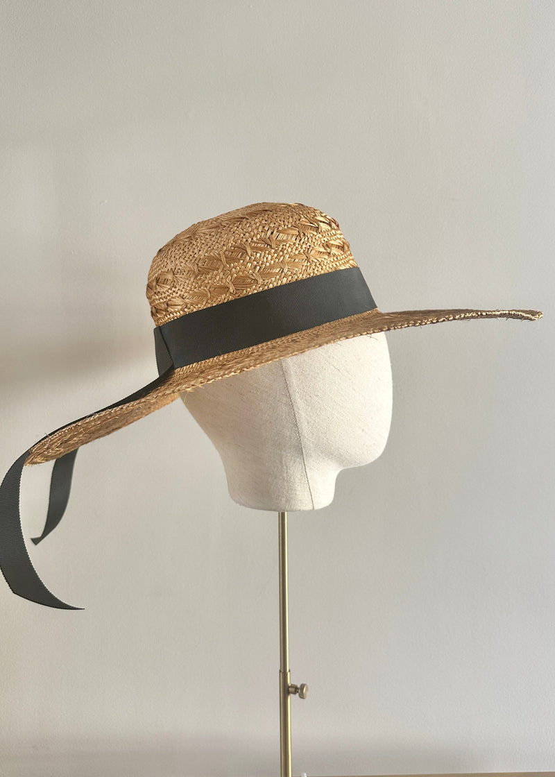 Luxury Sun Hat in Straw with Black Ribbon in Brandy