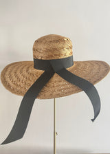 Luxury Sun Hat in Straw with Black Ribbon in Brandy