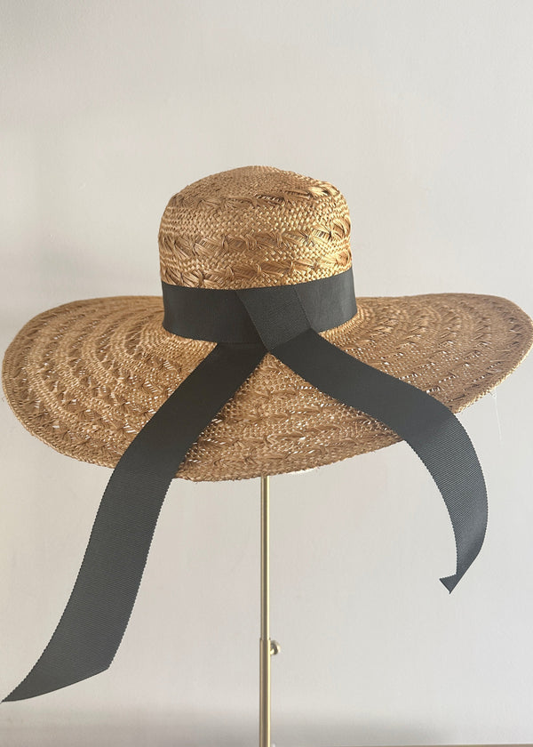 Luxury Sun Hat in Straw with Black Ribbon in Brandy