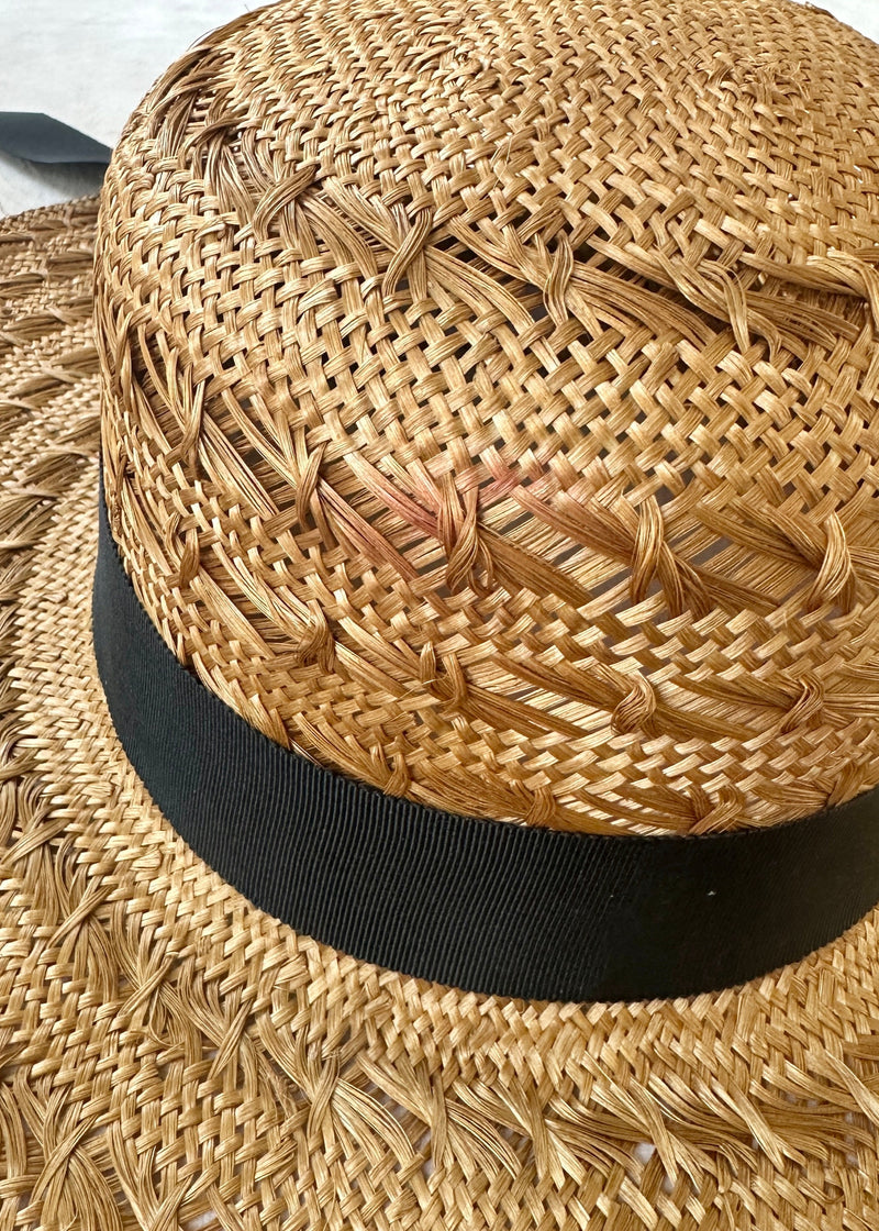 Luxury Sun Hat in Straw with Black Ribbon in Brandy