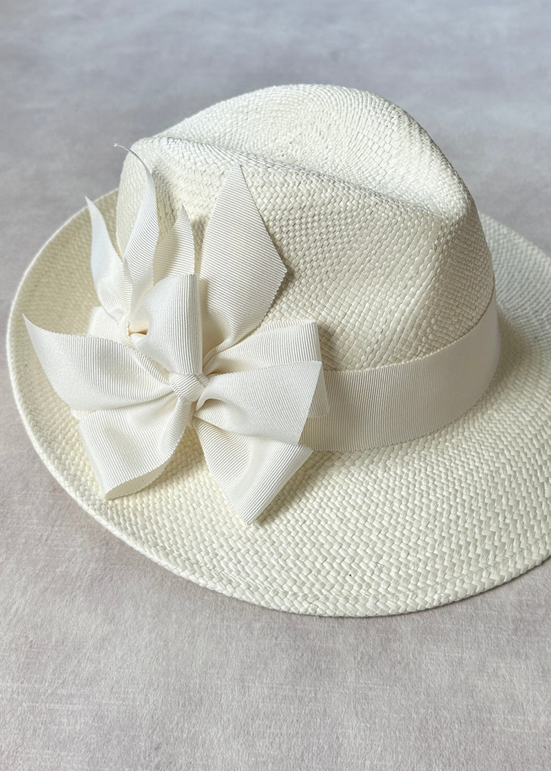 Ishtar Trilby Hat in Straw with Bows in Ivory