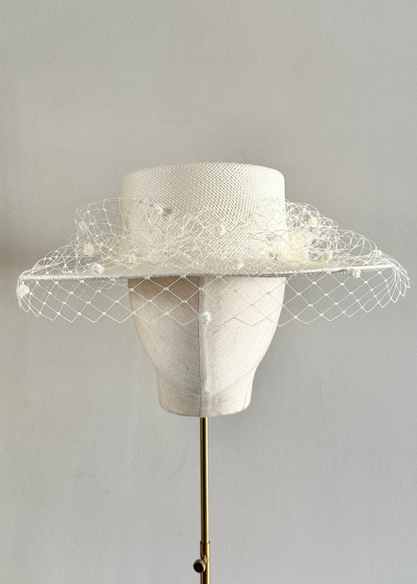 Nixi Panama Boater with Spotted Veil in Ivory