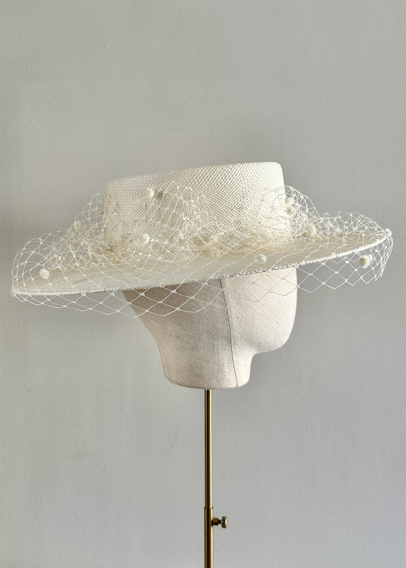 Nixi Panama Boater with Spotted Veil in Ivory