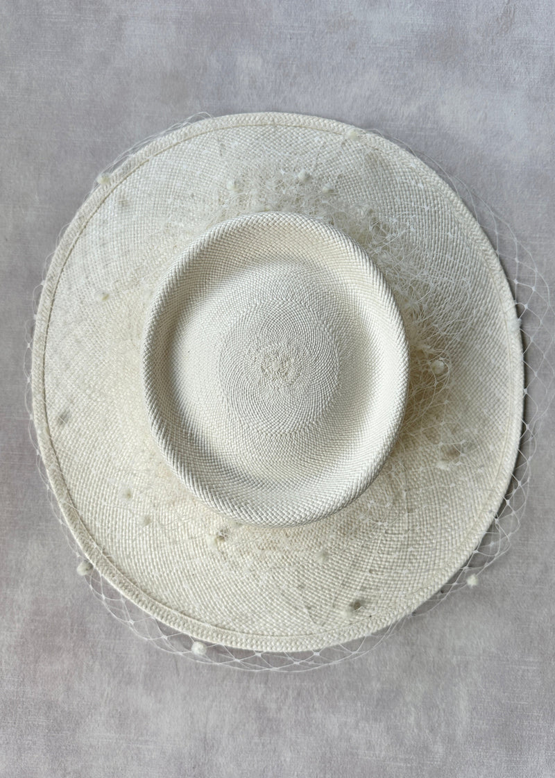 Nixi Panama Boater with Spotted Veil in Ivory
