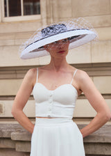 Downturned Brim Hat in Two Tone Sinamay with Veiling in Black