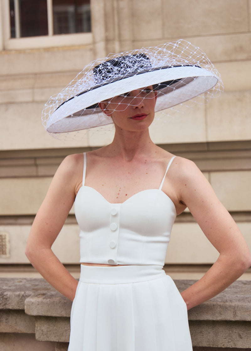 Downturned Brim Hat in Two Tone Sinamay with Veiling in Black