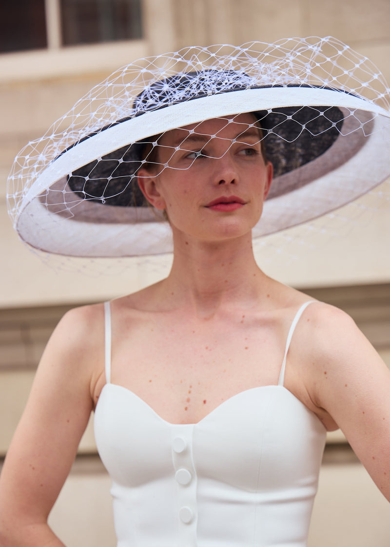 Downturned Brim Hat in Two Tone Sinamay with Veiling in Black