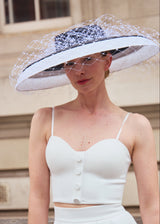 Downturned Brim Hat in Two Tone Sinamay with Veiling in Black