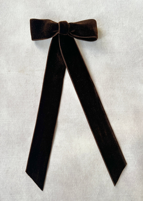 Double Velvet Long Hair Bow in Dark Chocolate