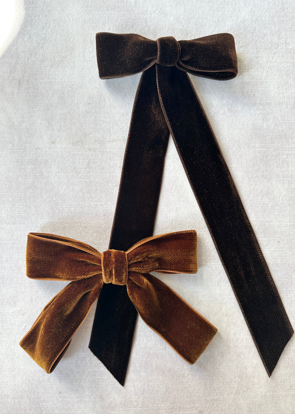 Double Velvet Long Hair Bow in Dark Chocolate