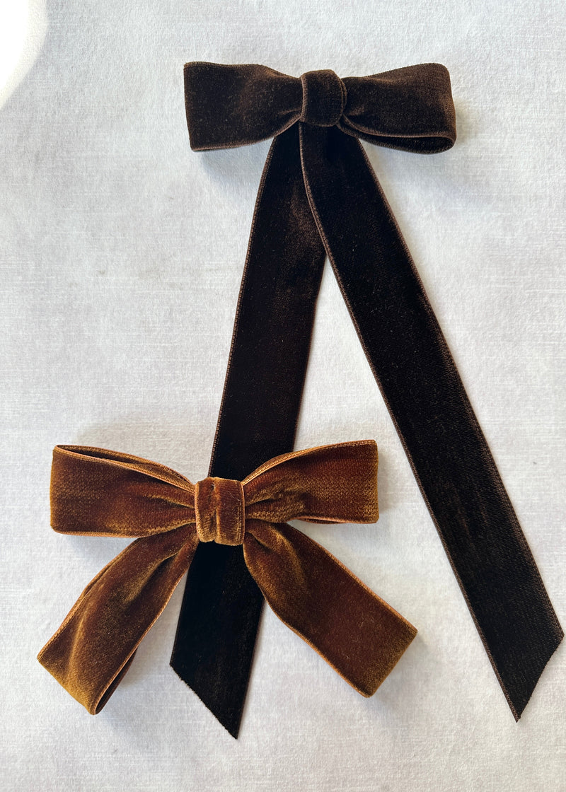 Double Velvet Long Hair Bow in Dark Chocolate