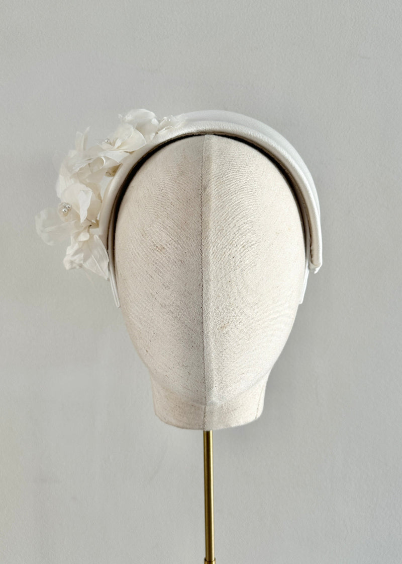 Diana Satin Headband with Flowers in White