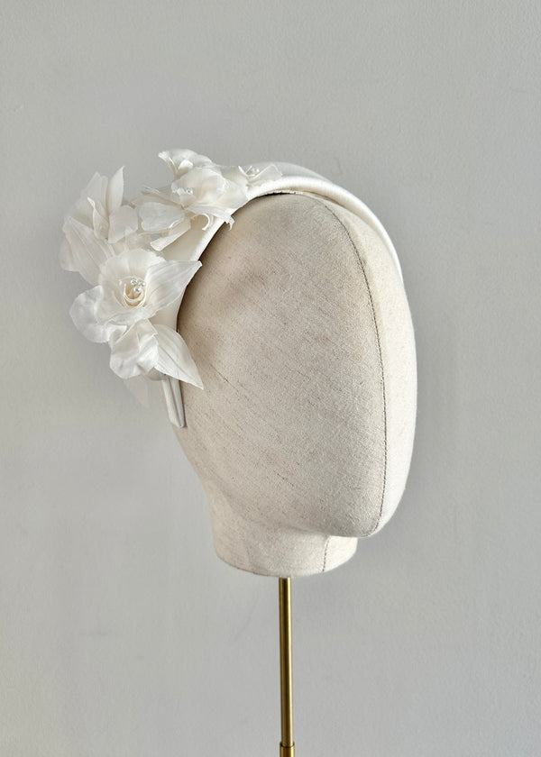 Diana Satin Headband with Flowers in White