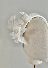 Diana Satin Headband with Flowers in White