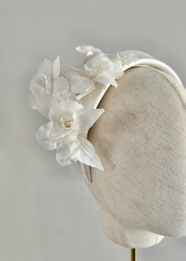 Diana Satin Headband with Flowers in White