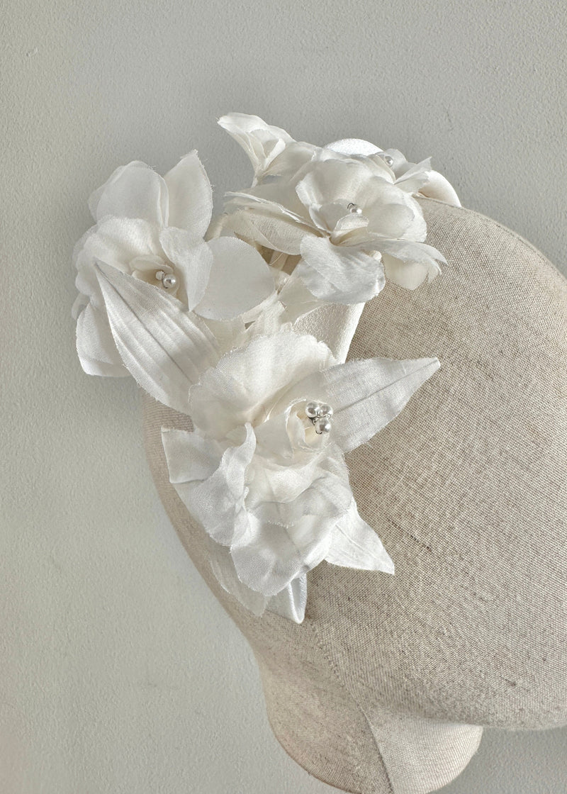 Diana Satin Headband with Flowers in White