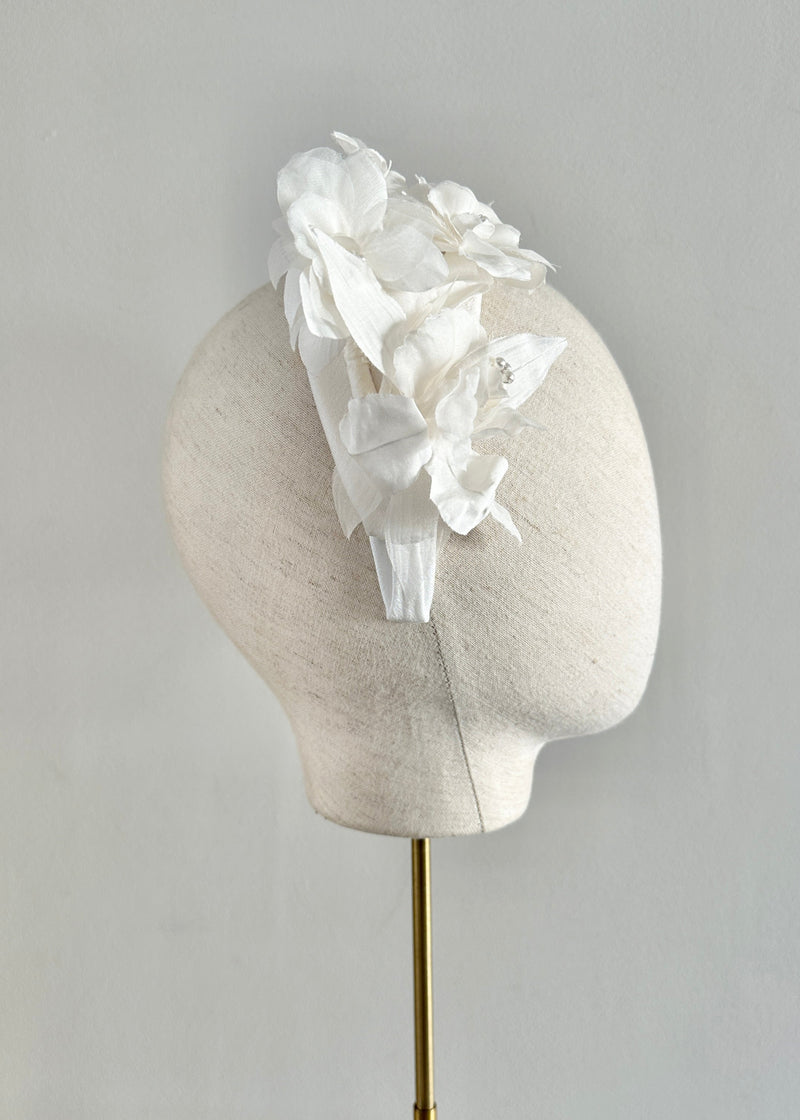 Diana Satin Headband with Flowers in White