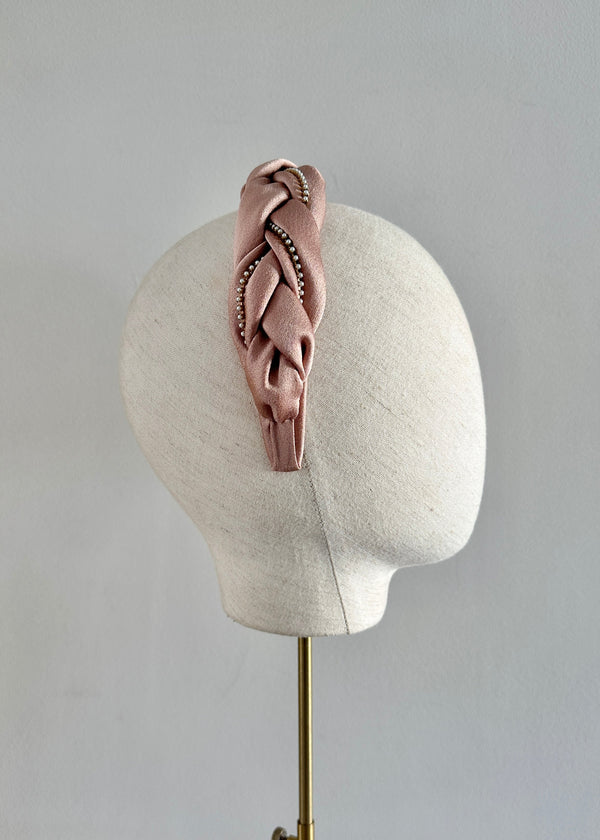 Victoria Plaited Headband in Satin with Pearls in Dusky Blush