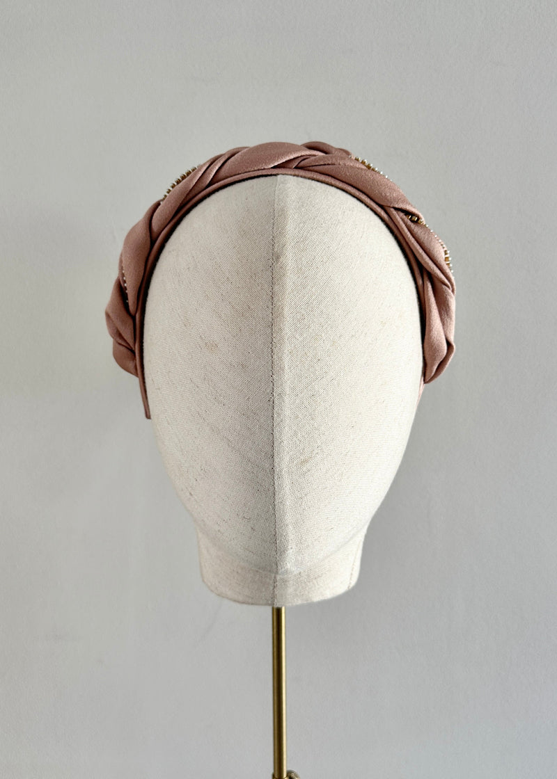 Victoria Plaited Headband in Satin with Pearls in Dusky Blush