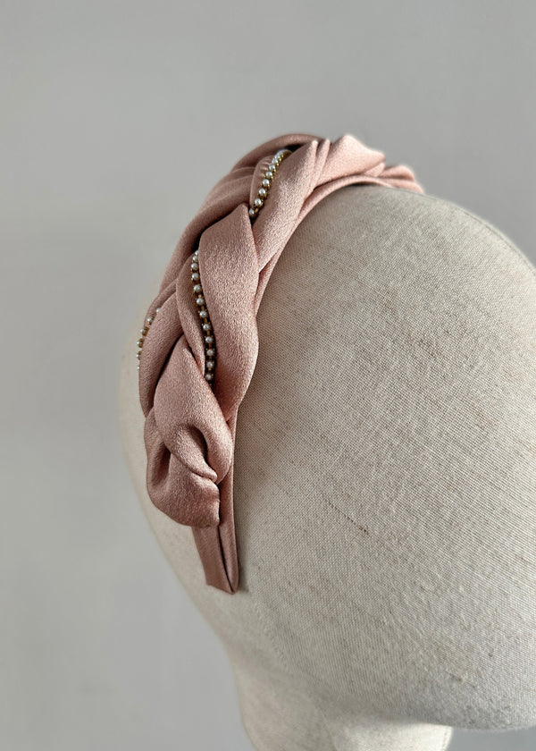 Victoria Plaited Headband in Satin with Pearls in Dusky Blush