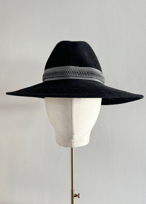 Fedora Hat in Luxury Felt with Patterned Trim in Black