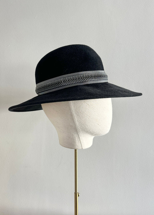Fedora Hat in Luxury Felt with Patterned Trim in Black