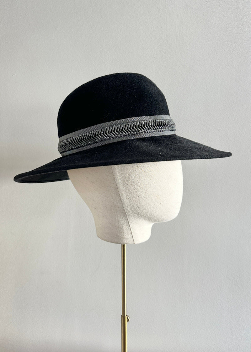 Fedora Hat in Luxury Felt with Patterned Trim in Black