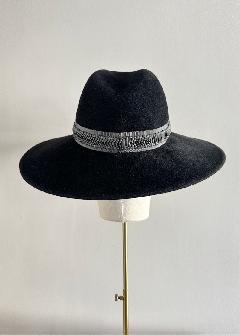 Fedora Hat in Luxury Felt with Patterned Trim in Black