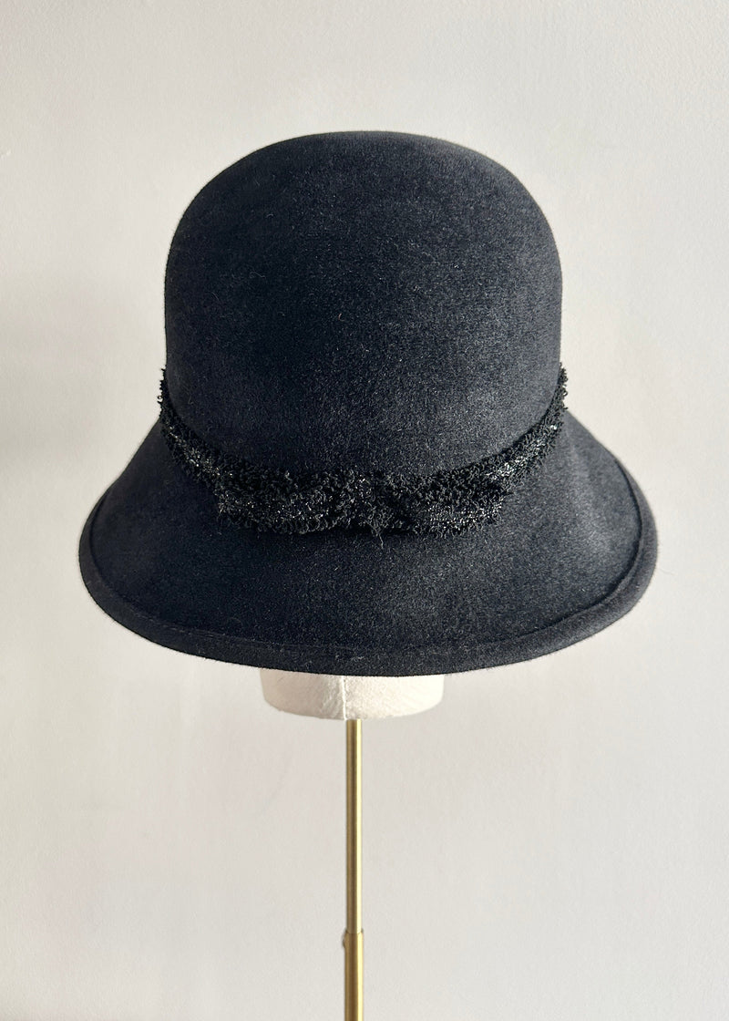 Cloche Hat in Luxury Felt with Tweed Bow in Black