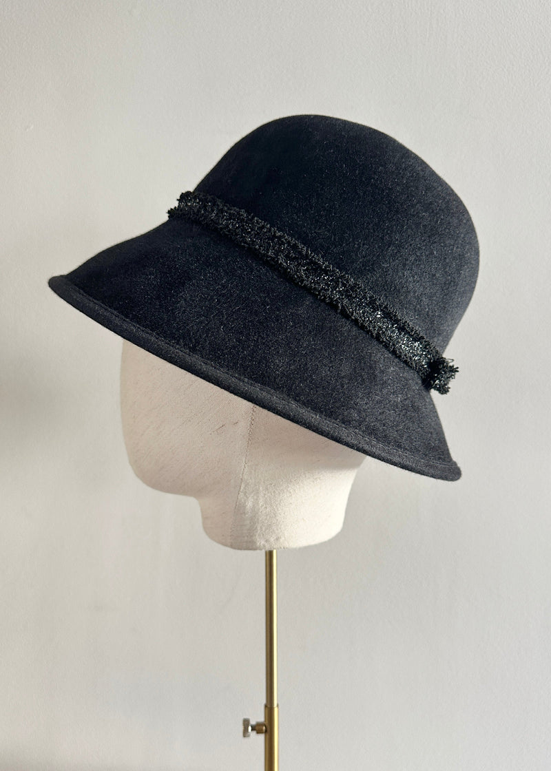 Cloche Hat in Luxury Felt with Tweed Bow in Black