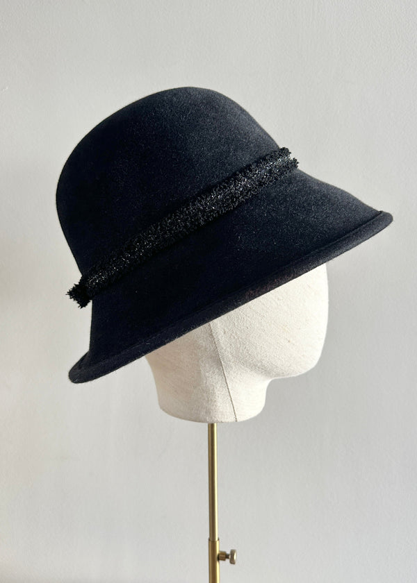 Cloche Hat in Luxury Felt with Tweed Bow in Black