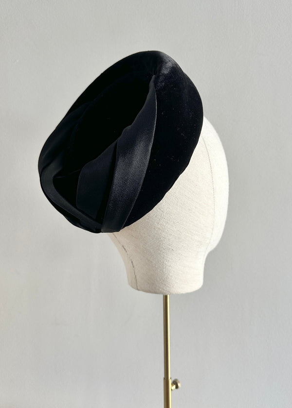 Roma Pillbox in Velvet with Satin Detail in Black